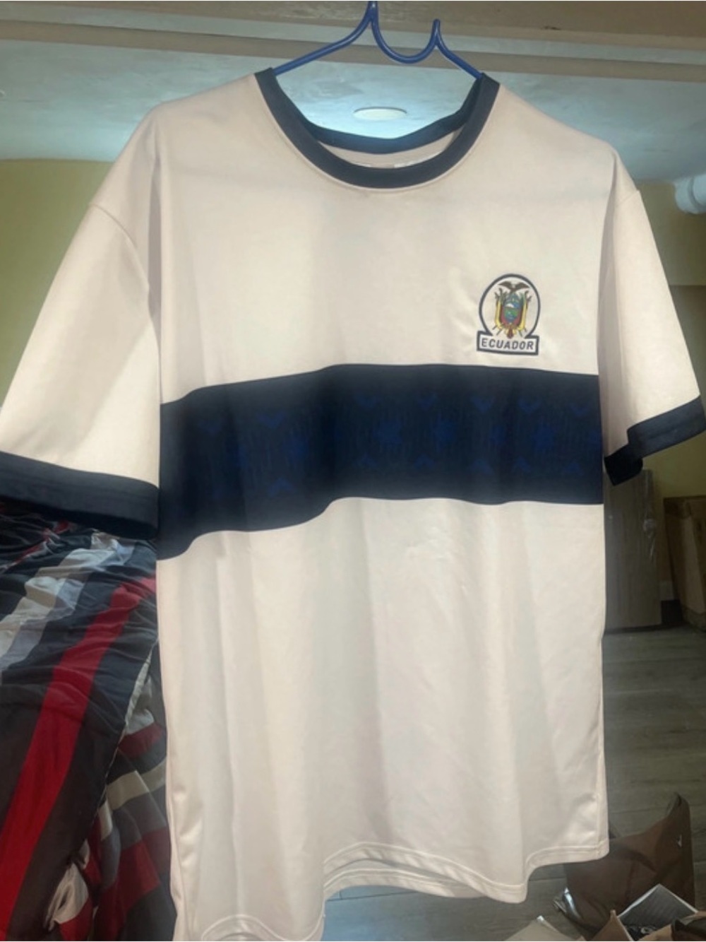 Sporto White T-Shirt with Navy Chest Stripe and Ecuador Crest